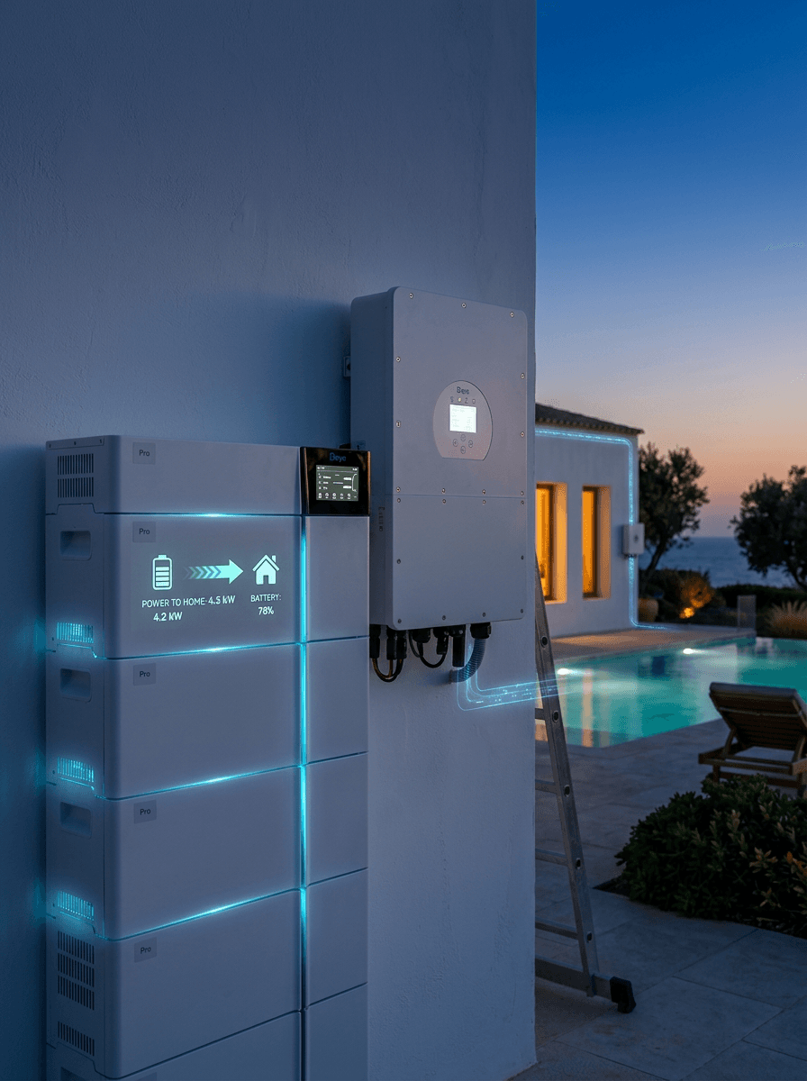Deye battery storage with hybrid inverter installed at a villa in Cyprus